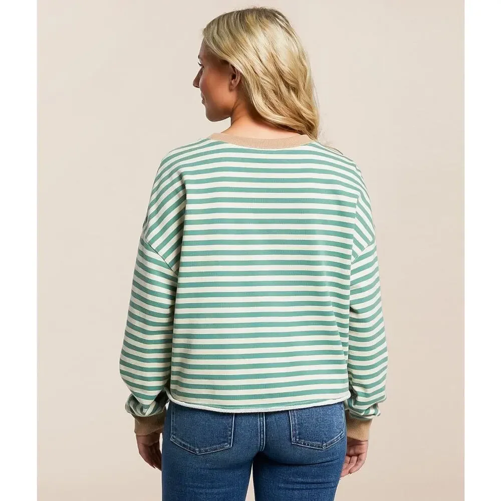 BKE Green + Cream Striped Crop Crewneck Sweatshirt - Large